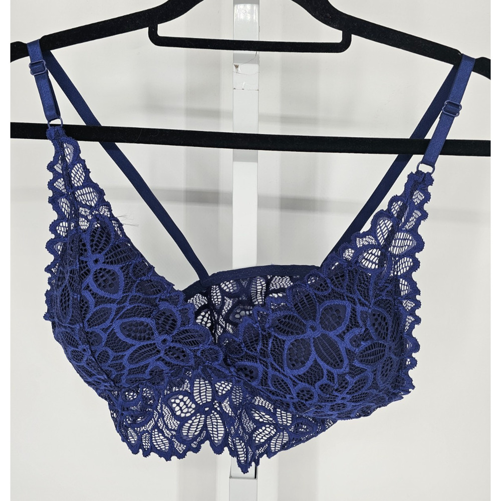 Womens Sz L Semi Sheer Sexy Floral Lace Bralette Bra Dark Blue